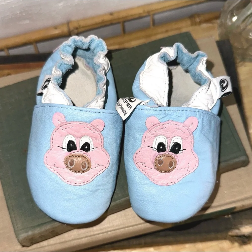 Roper Leather Baby Infant Crib Shoes Blue With Pink Pigs Size 6-12 Months